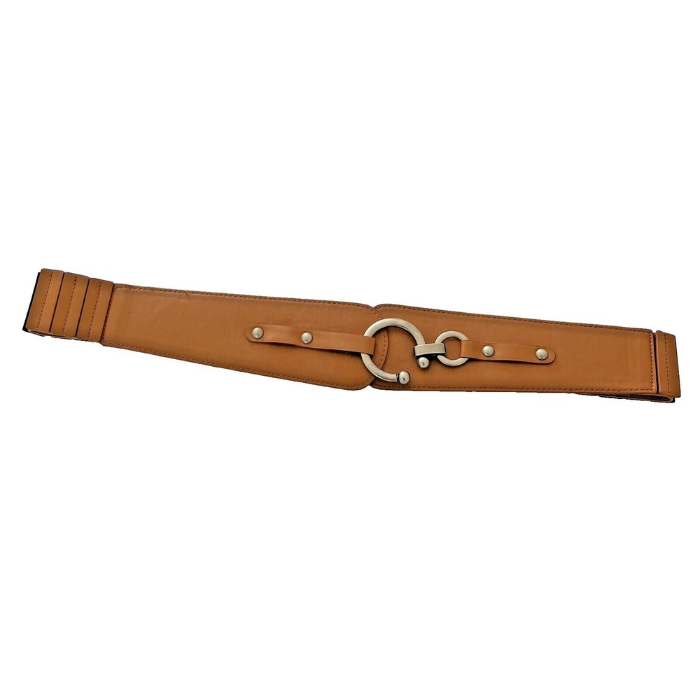 Women's Wide Elastic Retro Ring Metal Interlock‎ Buckle Belt Cognac Brown Size L